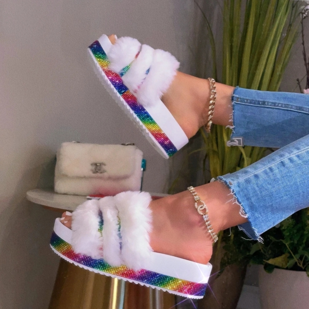 💓Just In 💓 Rainbow Rhinestone Fur Sandal - White - Picture 2 of 3